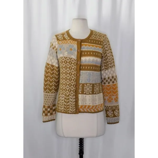 GUDRUN SJODEN Floral Patchwork Cardigan Sweater Wool Buttons Retro X-Small - Image 2