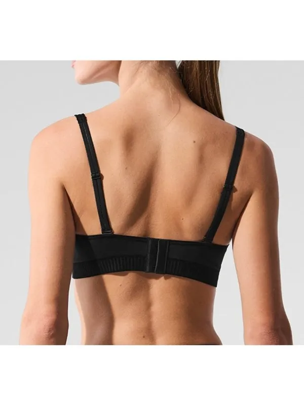 Alo Airlift Line Up Bra Black Padded Velvet Striped Sports Crop Top Bralette S - Image 6