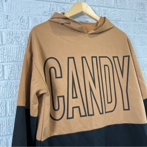 Black Brown Colorblock Long Hoodie Tunic Pullover Streetwear Casual Medium - Image 2