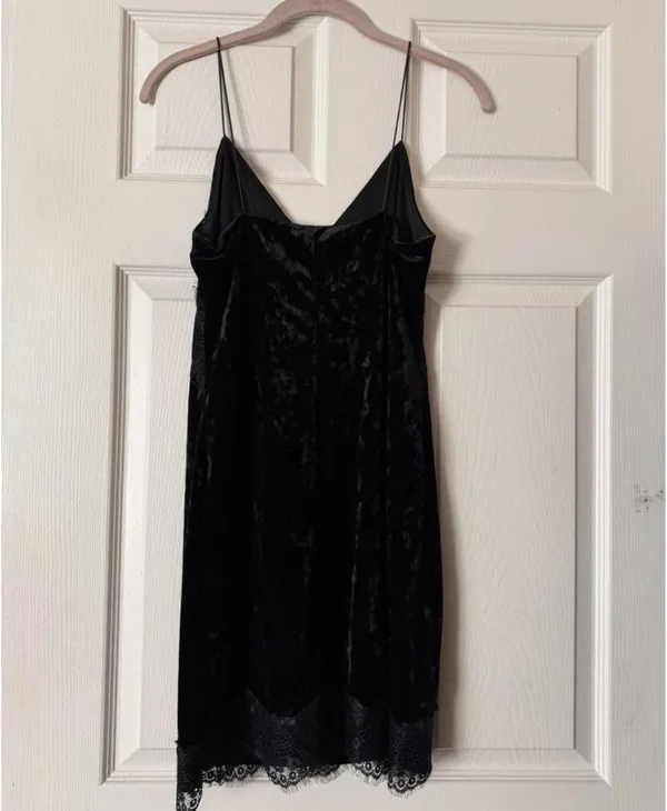TOPSHOP Black Velvet Slip Dress / v-neck mini dress with black lace - Image 5