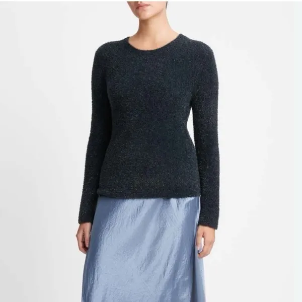 Vince Women’s Metallic Lurex Soft Eyelash Pullover Obsidian Black Sweater MEDIUM - Image 6