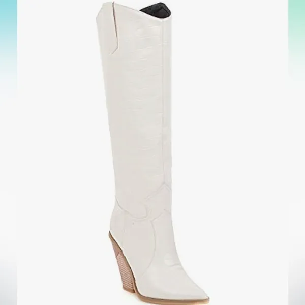 White Croc Embossed Pointed Toe Block Heel Knee High Western Boots, Size 40‎ - Image 10