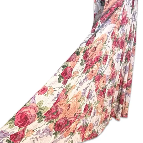 Vintage 90s Baby Pink Floral Crinkle Maxi Dress‎ Romantic Sleeveless Rayon Small - Image 6