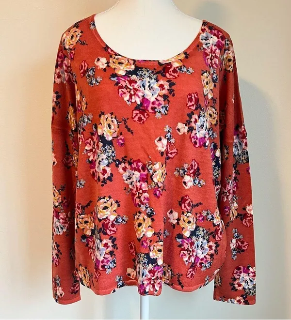Garnet Hill Merino Wool Floral Knit Blouse Top Sweater Size Large - Image 2