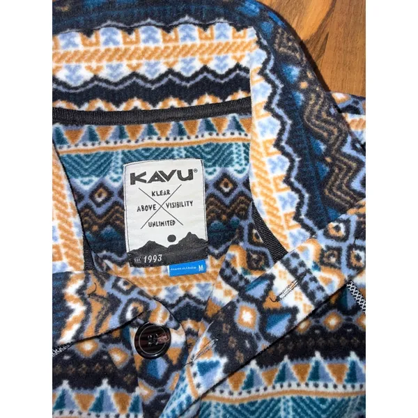 Kavu Fleece Pullover Women Medium‎ Blue Orange Geometric Aztec Button Up - Image 3