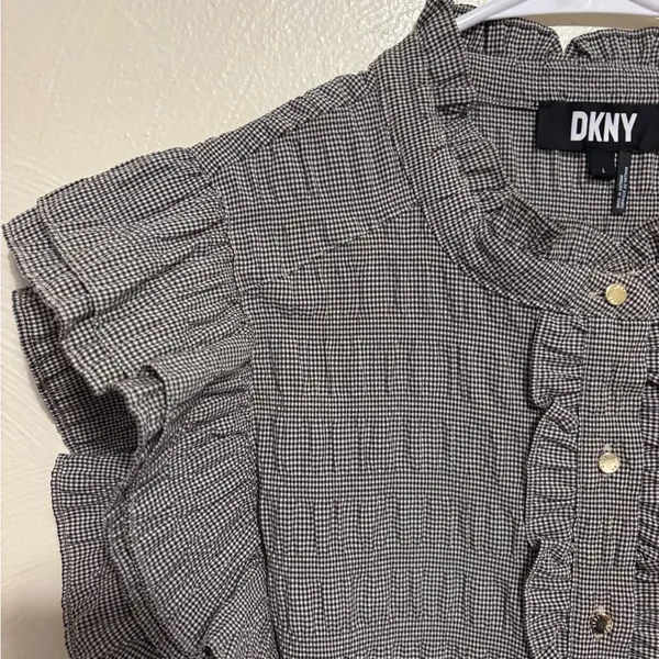 DKNY Black White Gingham Ruffle Flutter Sleeve Blouse Size L - Image 6