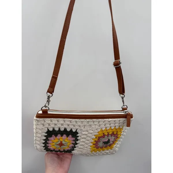 Earthbound Trading Crochet Granny Square Crossbody Bag Cream Boho Festival Purse - Image 9