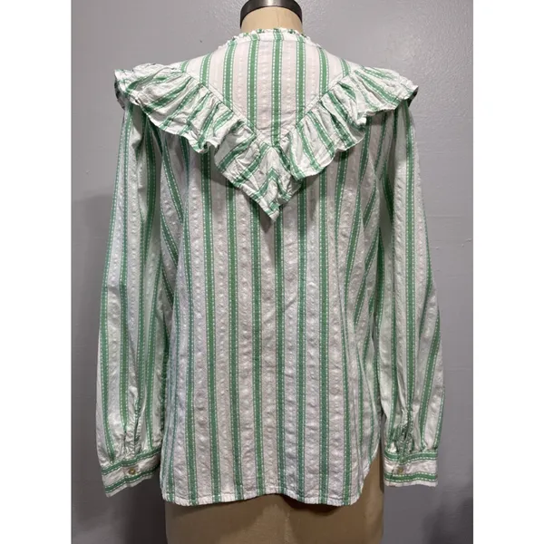 LOFT Green Striped Ruffle Long Sleeve Button Blouse M Cotton Top Peasant Modest - Image 3