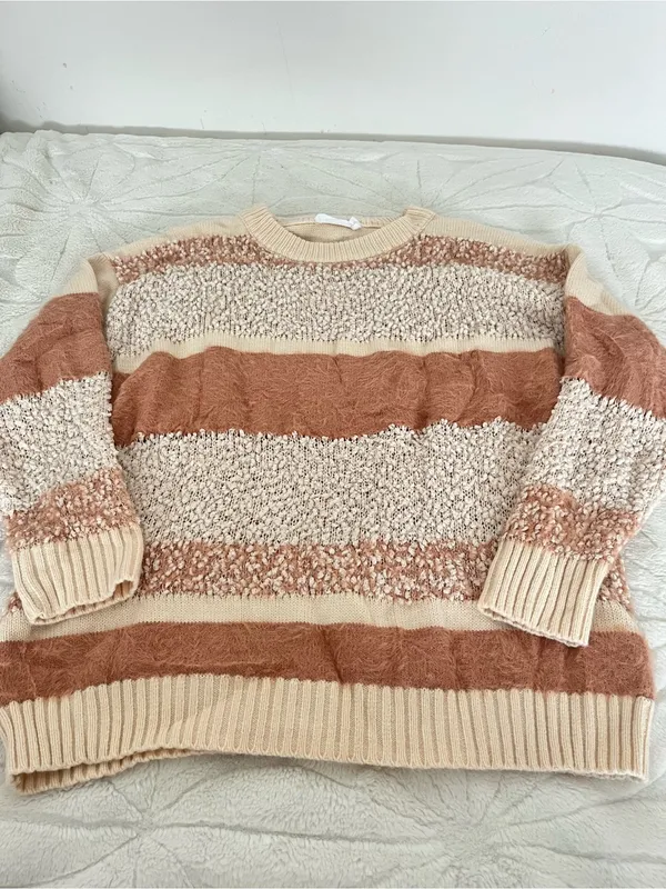 All in Favor Beige and Rust Striped Crewneck Sweater - Image 2