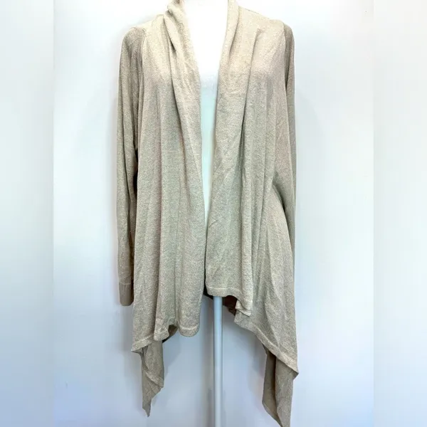 Beige Metallic Open Front Asymmetric Hem Cardigan Wrap Topper Chico’s 1/M - Image 3