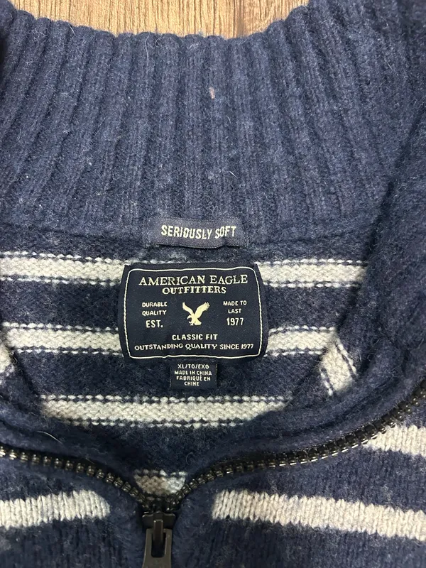 American Eagle Navy Blue Striped 1/4 Zip Sweater - Image 2
