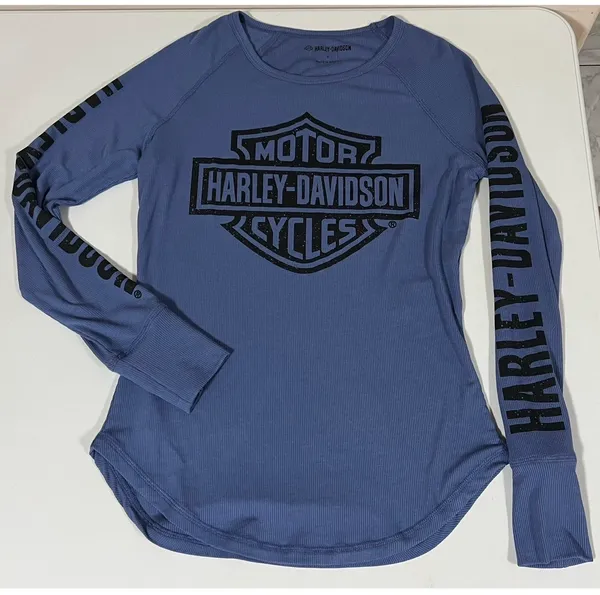 Harley Davidson Blue Periwinkle Logo Graphic Long Sleeve T-Shirt Top Tee Size S 🏍️✨ - Image 3