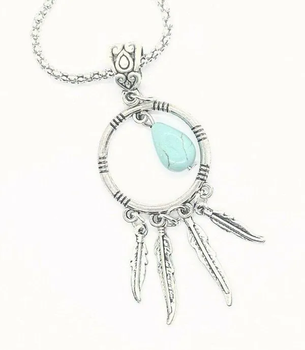 Silver Turquoise Dreamcatcher Feather Necklace - Image 3