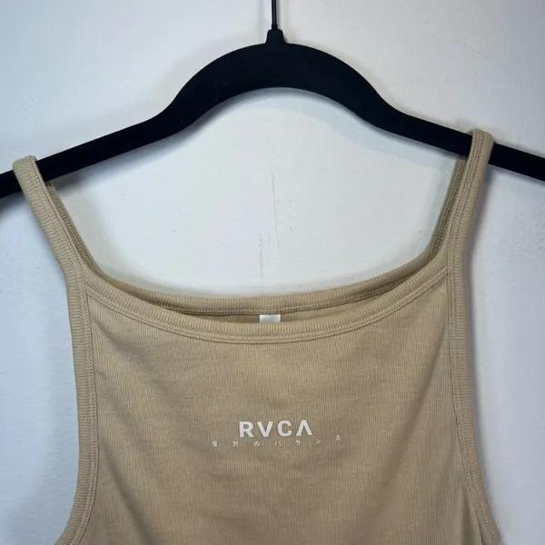 RVCA Haru Slide Tank Top Shirt Tan Ribbed Stretch Crop Summer Neutral NEW Large - Image 4