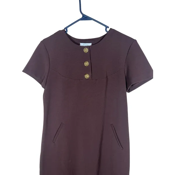 Dressbarn Womens Brown Short Sleeve Shift Dress Gold Button Pockets Size 8 - Image 3