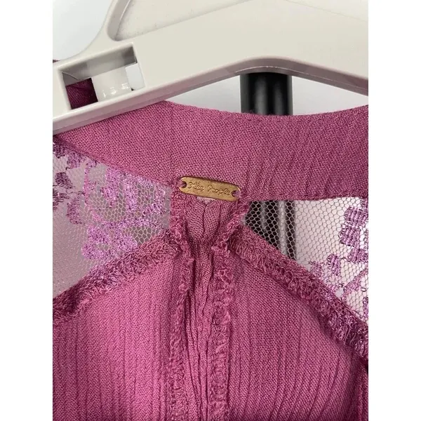 Free People Purple Pink Cold Shoulder‎ Floral Lace Sleeve Gauze Mini Dress - Image 3