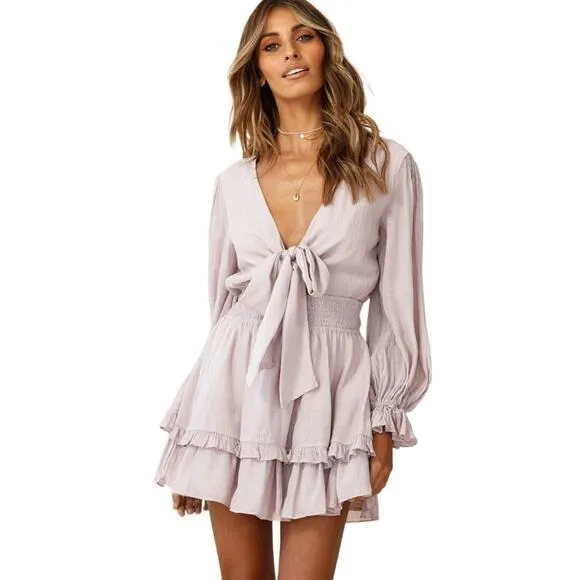 Angel Biba Mauve Ruffle Mini Romper Dress Long Balloon Sleeve Front‎ Tie Small - Image 5