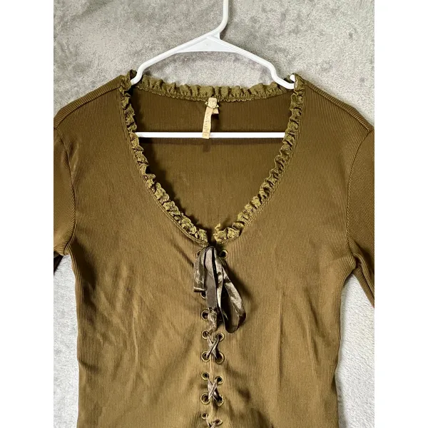 Vintage Y2K Brown Lace Up Long Sleeve Top Ruffle Trim Corset Front Fairy Grunge - Image 2