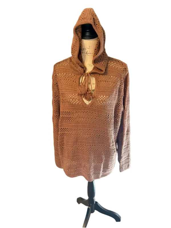 Roxy Hippie Love Open Knit Hooded Sweater Size L NWT (25” PTP) Mocha - Image 2