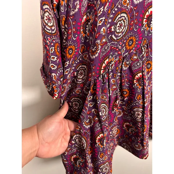 Garnet Hill Tunic‎ Dress Womens 14 Purple Paisley Floral V-Neck 3/4 Sleeve boho - Image 3