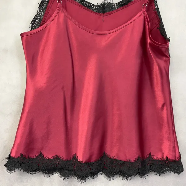 Satin Lace Trim Cami Tank‎ Top Women Large Red Black Coquette Romantic Goth Y2K - Image 6