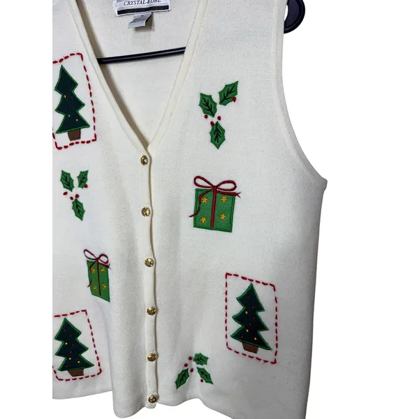Crystal Kobe Womens Ivory Christmas Sweater Vest‎ Embroidered Holiday Trees M - Image 2
