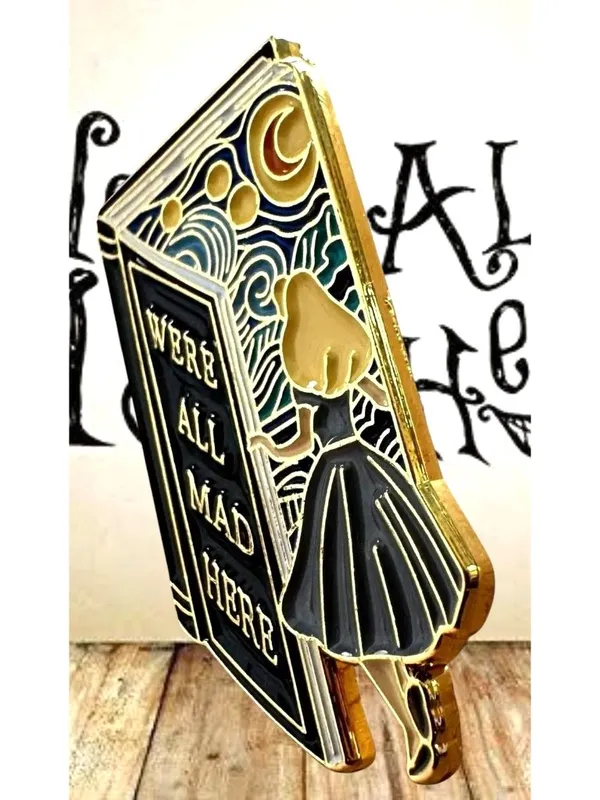 Alice in Wonderland Pin We’re All Mad Here Book Design Starry Night Rabbit Hole - Image 3