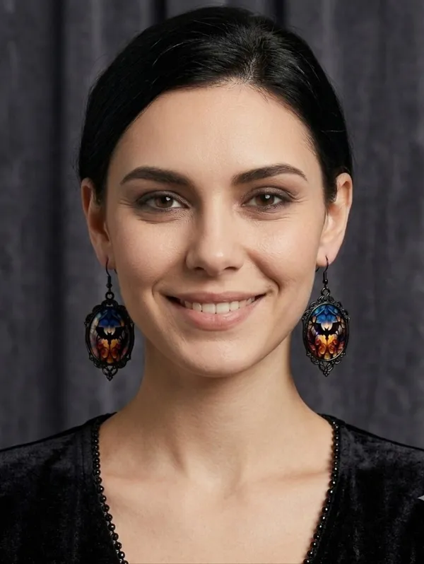 Vintage Cameo Style Gothic Bat Earrings‎ Glass Encased Alloy & Iron Hook - Image 13