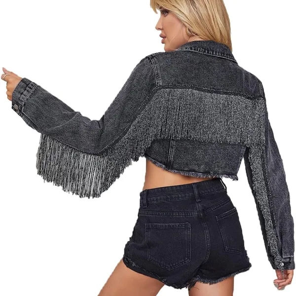 Chic Black Fringe Denim Jacket Size M - Image 2