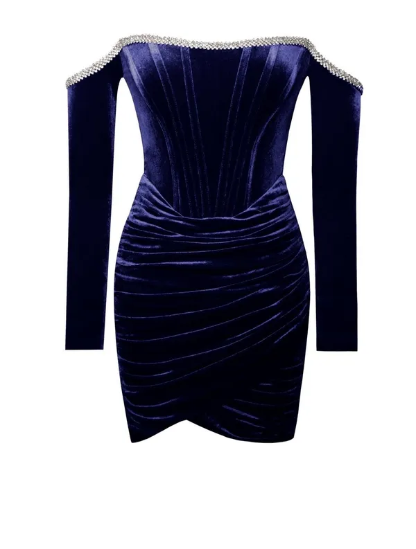 Navy Velvet Off Shoulder Corset Dress With Crystal Trim - Image 7