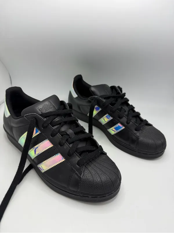 adidas Black Superstar Sneakers with Iridescent Stripes Size 7.5 - Image 2