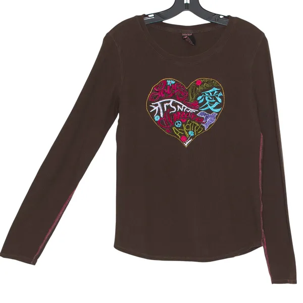 Vintage Lucky Brand Top Y2K Embroidered Boho Hippie Festival Thermal Brown Large - Image 7