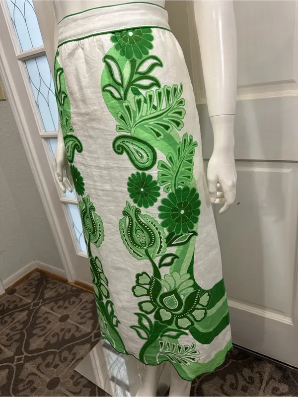 FARM RIO Women’s Midi Skirt White Green Floral Festival Linen Size Large - Image 16