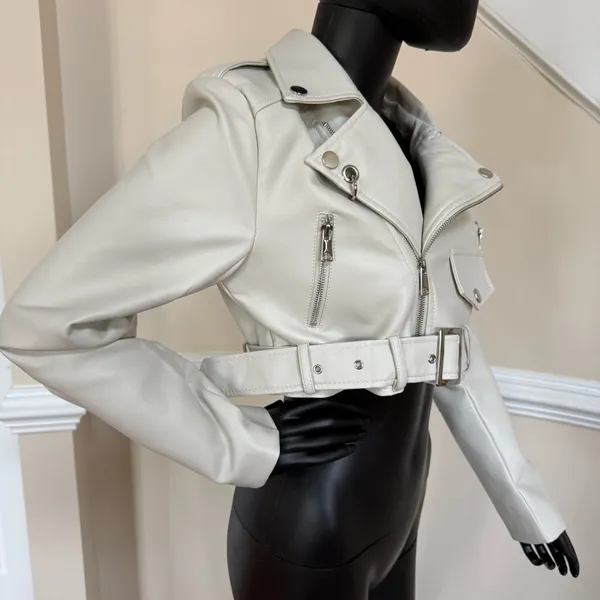 Leather Moto Jacket Crop Faux Motorcycle Jacket Belted Crop Coat Trench Cardigan - Image 6