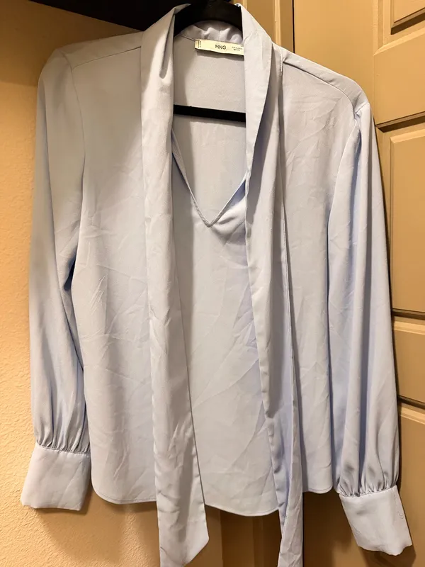 Mango Light Blue Tie Neck Blouse - Image 2
