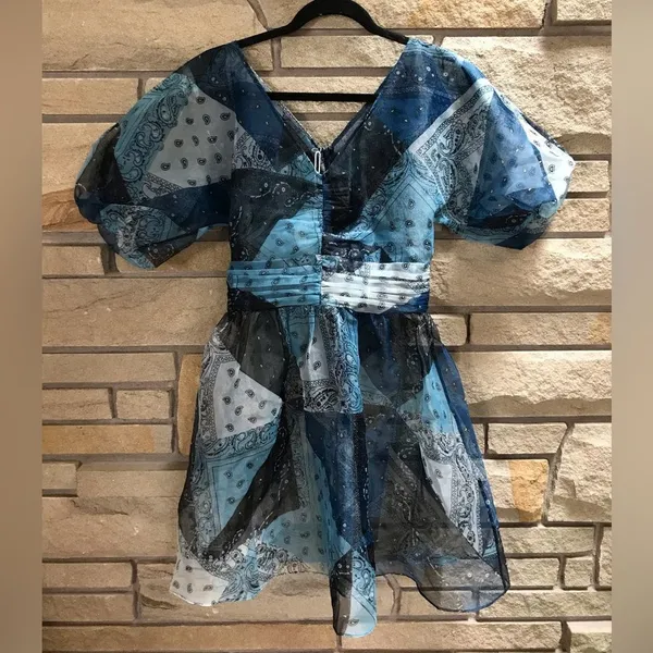 Staud x C.Bonz Bandana Print Patchwork Mini Dress Crepe Organza Sheer Sample - Image 4