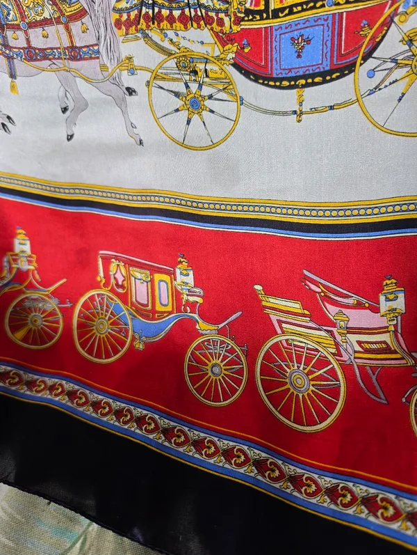 Equestrian horse-drawn carriage motif red and black border 33" Sq Silk - Image 3