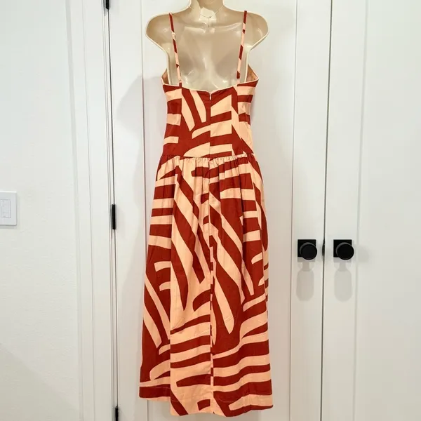 Mon Renn Surreal Midi Dress Tropico Print Red Medium Drop Waist Vacation Resort - Image 3