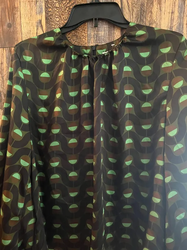 ZARA Olive Green Geometric Print Long Bishop Sleeve Satin Blouse | XL (aa) - Image 4