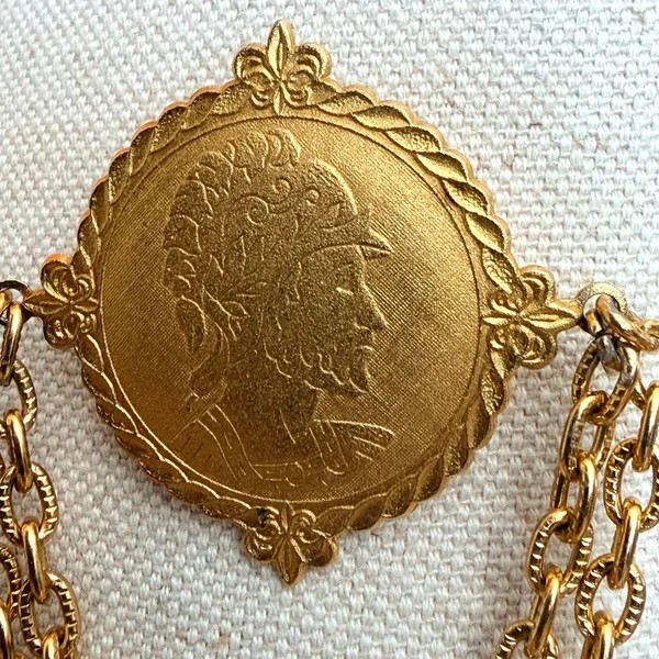 Vintage Gold Tone Classical Medallion Double Chain Swag Brooch - Image 4