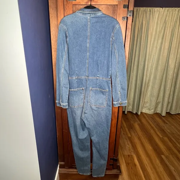 Free People Lennox Blue Denim Coverall Jumpsuit Zip Front Utility Fitted M - Image 6