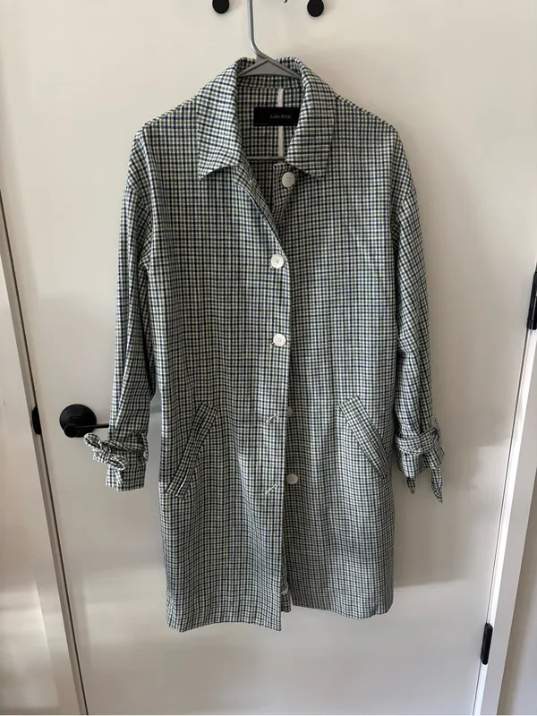 Zara Green Plaid Bow Cuff Coat Sz S Preppy Like New - Image 5
