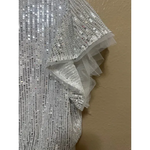 Grace Kari‎ Women Silver Sequin Tulle Flutter Sleeve Ruched Waist Party Dress L - Image 5