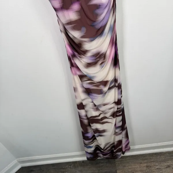 BHLDN Lea Dress Square Neck Midi Purple Abstract Ruched Wedding Guest Womens M - Image 3