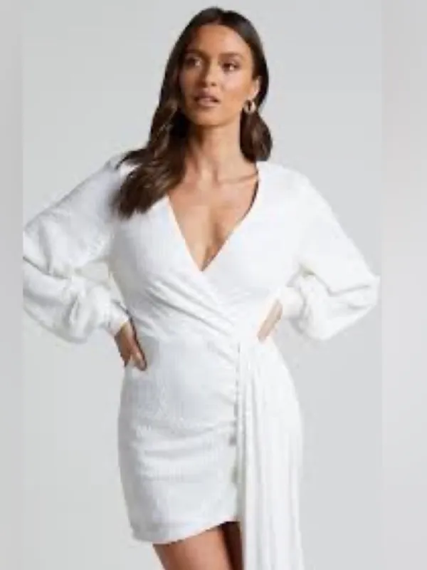 NWT Showpo Claudilyn Drape Long Sleeve Faux Wrap Mini Dress White Sequins US 6 - Image 2