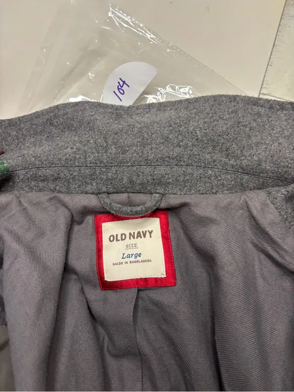 Old Navy Gray Wool Blend Hooded Toggle Pea Coat Red Plaid Trim Size Large - Image 6