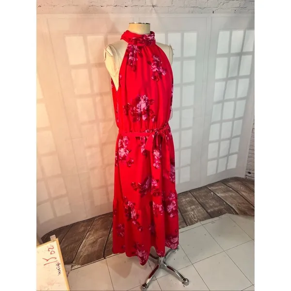 Scoop NWT Red Floral Halter Neck Tie Waist Sleeveless Maxi Dress Size XL - Image 3