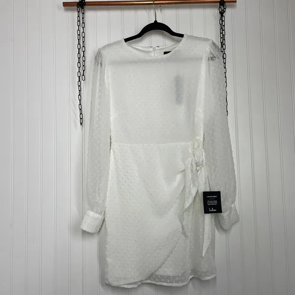 Lulus Much Love White Swiss Dot Tie Front Long Sleeve Mini Dress Small NWT - Image 4