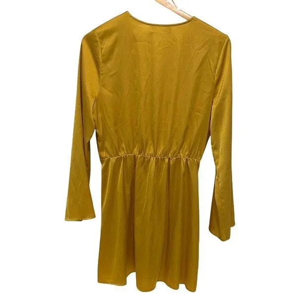 MINKPINK Womens V-Neck Bell Sleeve Tie Wrap Front Mini Dress Marigold Small NWT‎ - Image 4