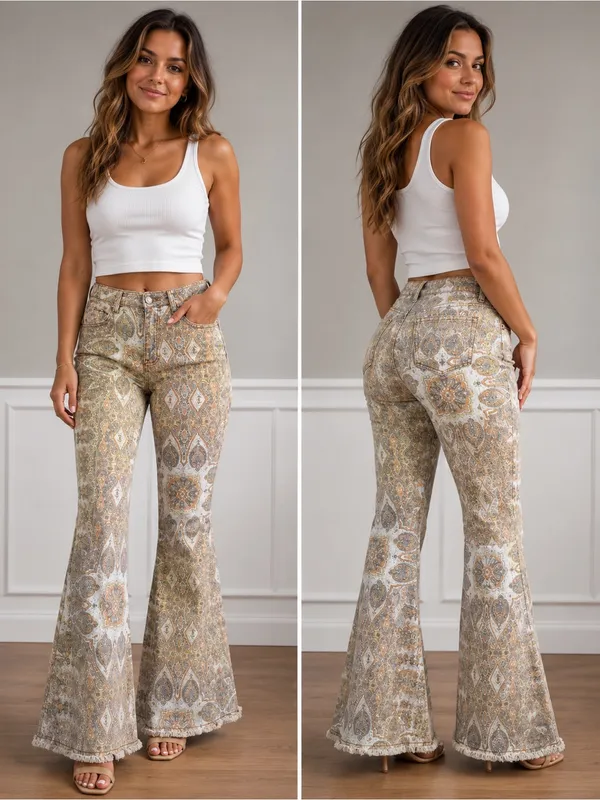 Buckle Saints & Hearts Boho Printed Flare Pants in Neutral Tones - Image 2